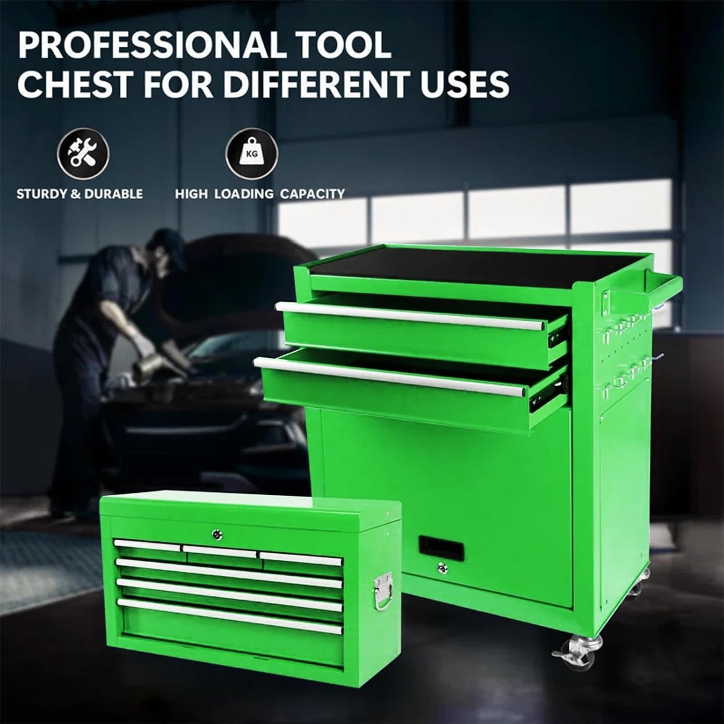 PLENTORA 8 Drawers Rolling Tool Chest - Tool Box Organizer with Wheels and Drawers, Detachable Storage Cabinet with Lock for Garage Workshop, Green