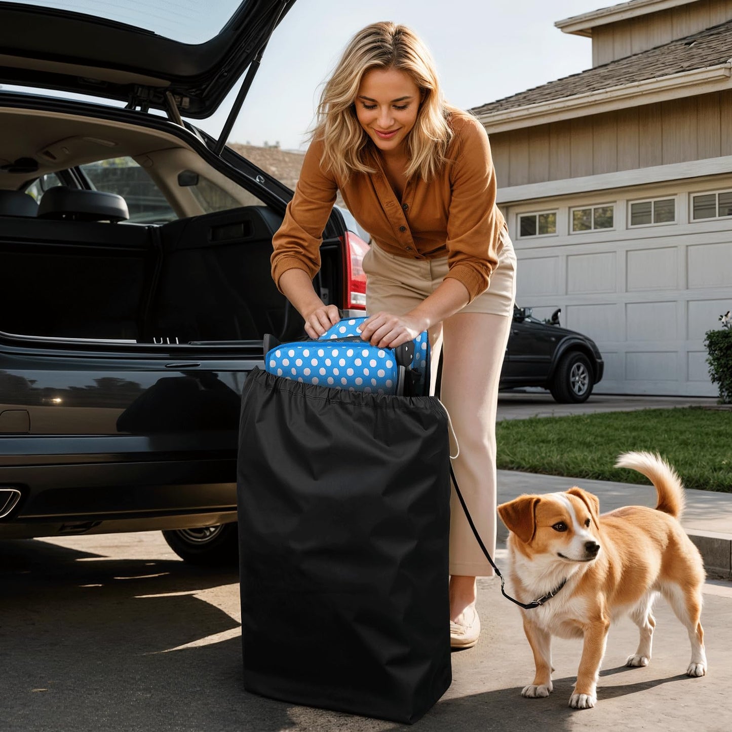 Magshion 3-Wheel Pet Stroller, Foldable Travel Jogger for Small & Medium Dogs & Cats (Up to 33lbs), Lightweight Carrier with Breathable Mesh Cover, Cup Holder & Storage Basket, Sky Blue Polka Dots