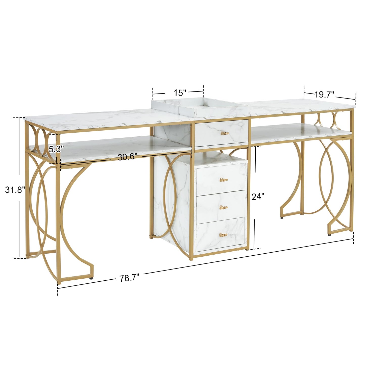 BarberPub Double Manicure Table, Nail Marbling Texture Station for 2 Person, Long Nail Desk with Storage Drawers & Metal Frame 2488 (White)
