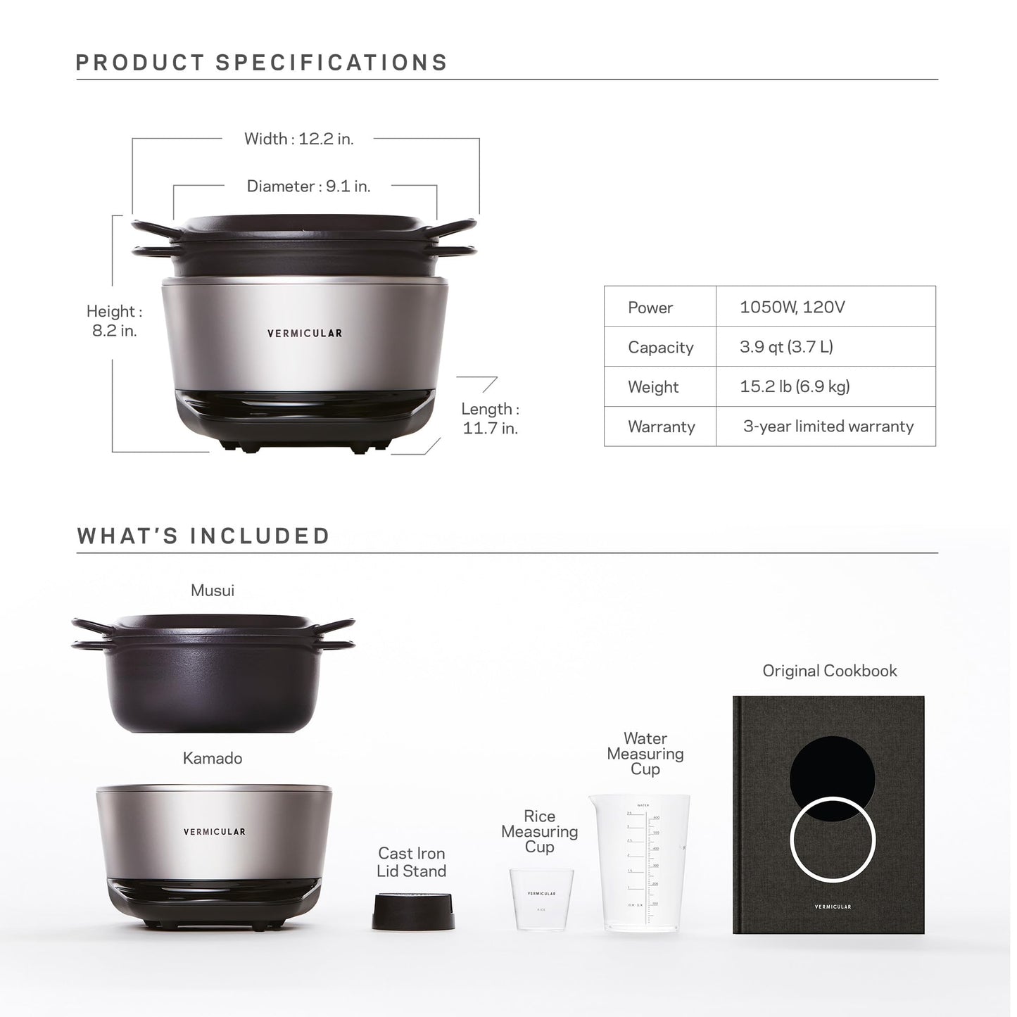 Vermicular Musui–Kamado (RICEPOT) | Cast Iron Induction Cooker | Precision Multicooker | Japanese Rice Cooker | Slow Cooker | Non-Toxic Enameled Cast Iron Pot | Sea Salt | US Model (120V)