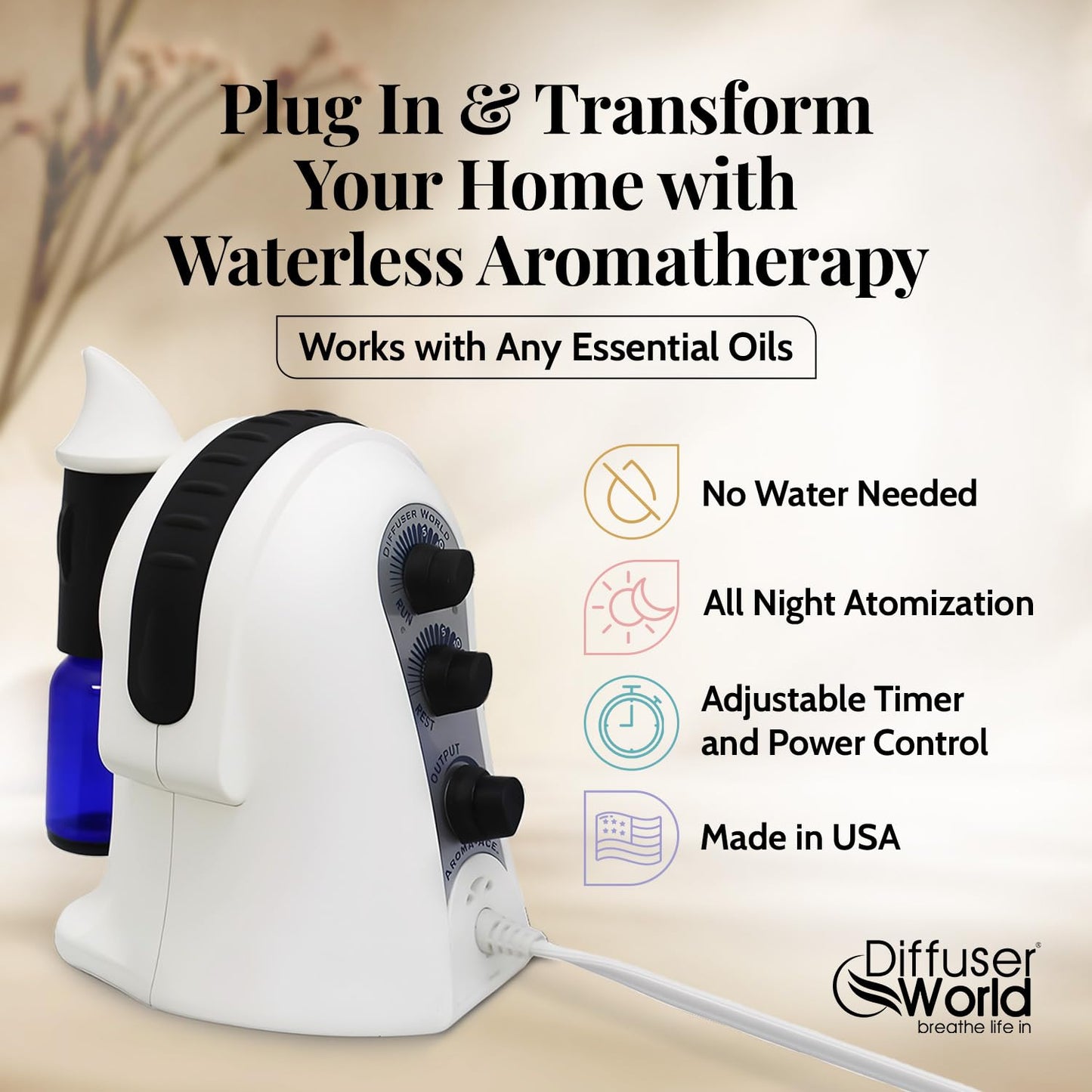 Diffuser World 1000 Sq Ft Waterless Diffuser for Essential Oils, Made in USA Black Waterless Aroma Atomizer for Home Large Room Fragrance, Home Scent Machine, Air Aromatherapy with Adjustable Timer