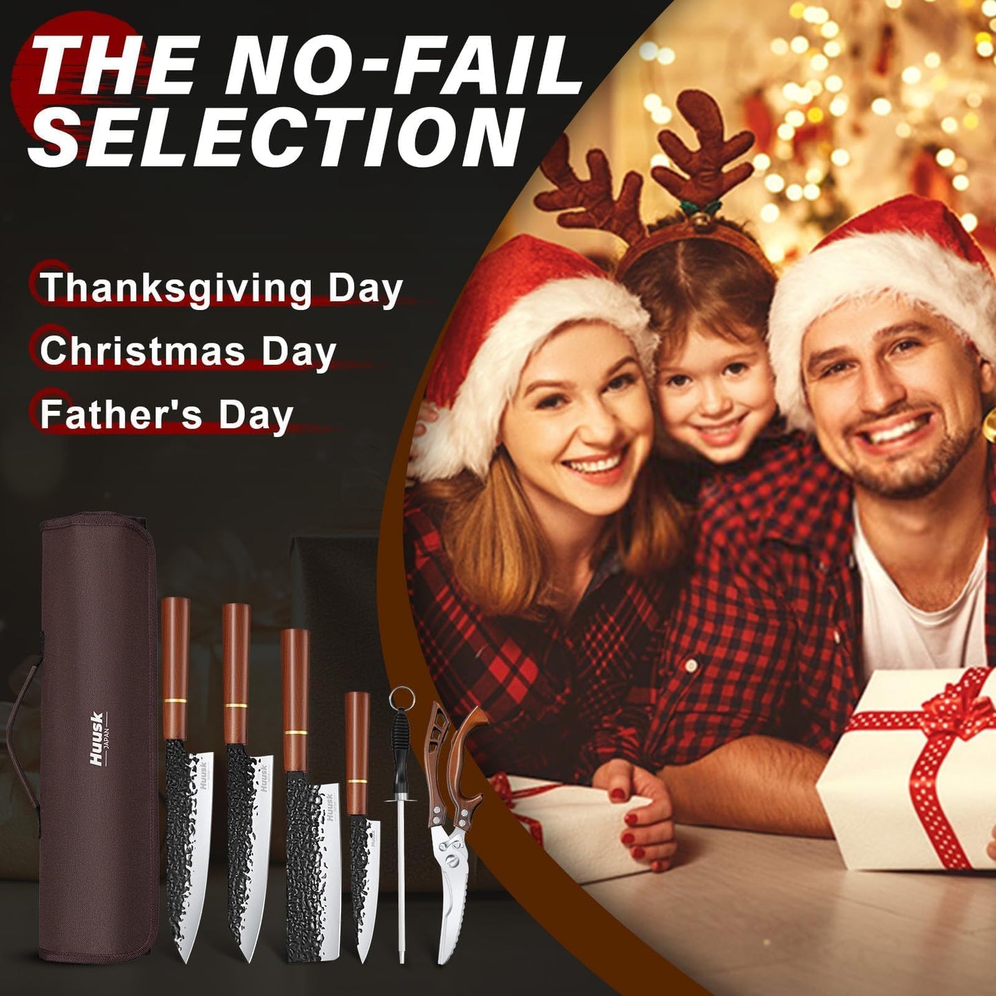 Huusk Japanese Knife Set 6pcs with Covers - Professional Chef Knife Set with Bag & Sharpener, High Carbon Steel Forged Knives Sets with Scissors, Japanese Kitchen Knives Sets, Christmas Gifts for Men