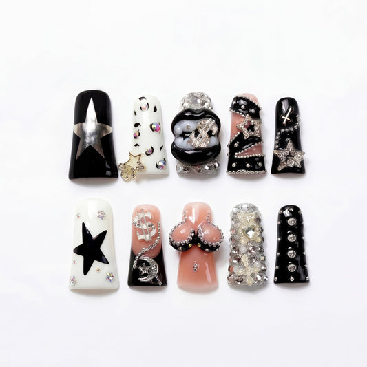 IntoVibes 10 Pieces Luxury Acrylic Press On Nails Long Handmade Duck Nails, White And Black Thickened False Nails, Exaggerated Lips And 3D Dollar Sign, Reusable Fake Nails, Acrylic Nails (M)