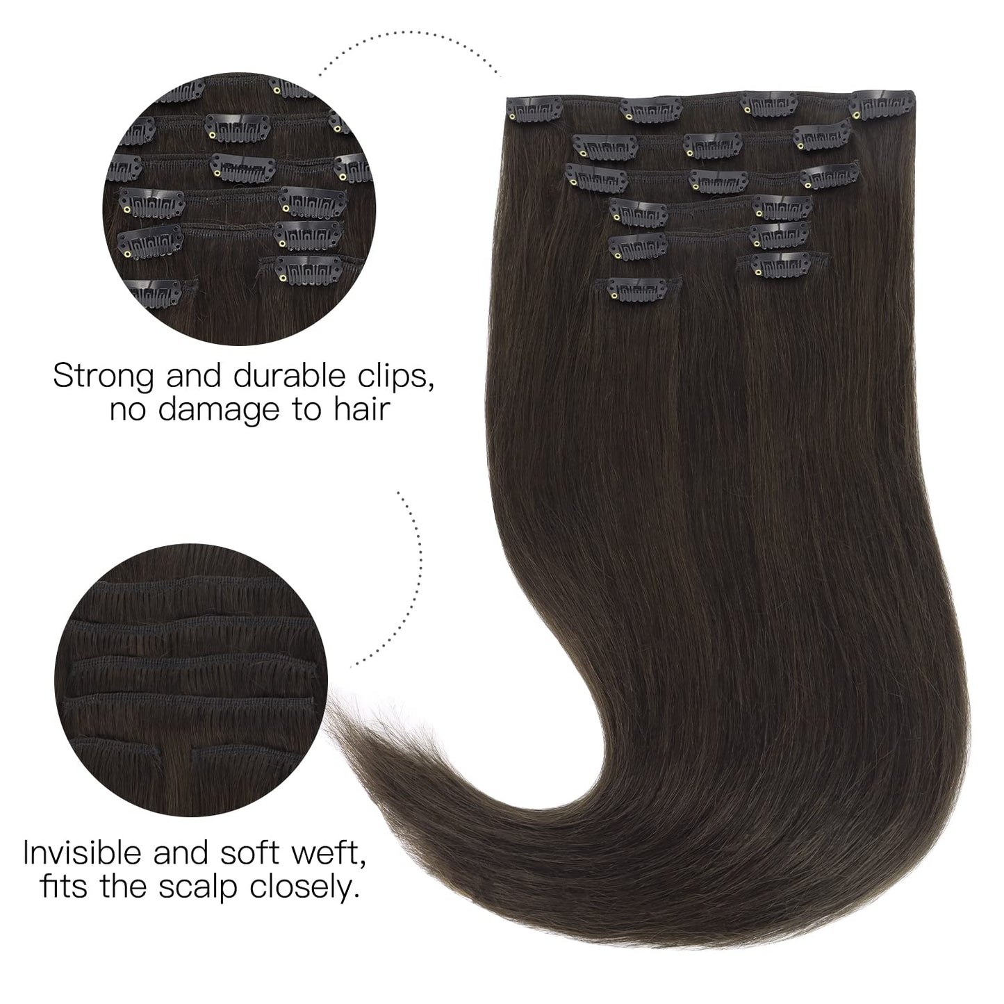 HOTBANANA Human Hair Clip in Hair Extensions, Dark Brown 75g Clip in Hair Extensions Real Human Hair Straight Remy Hair 12 Inch 7pcs