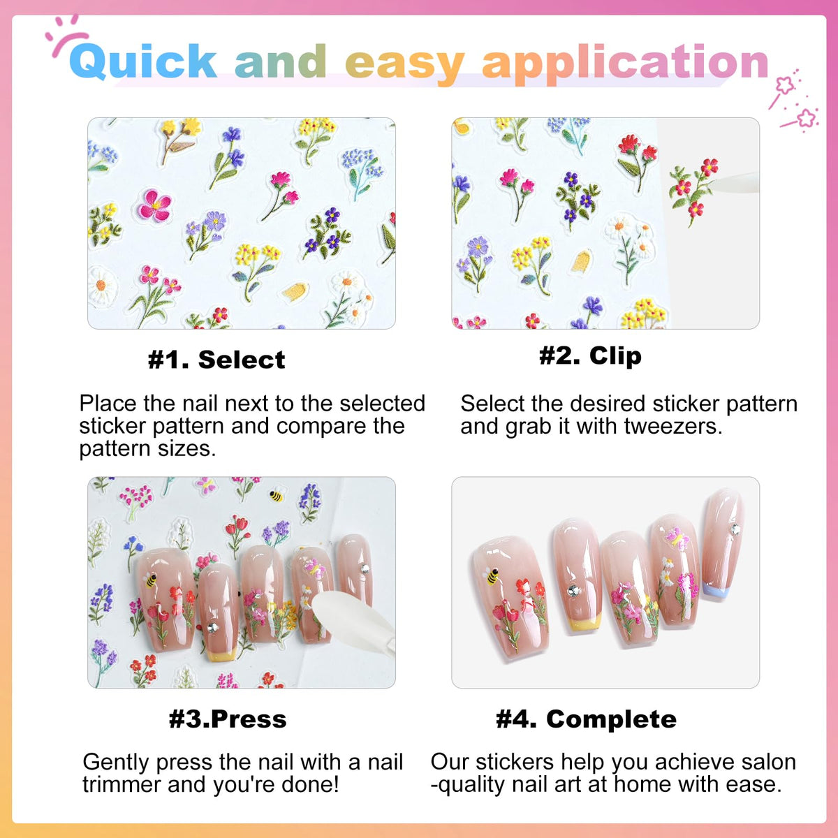 Flower Nail Art Stickers 5D Embossed Nail Decals for Nails Art Design Self-Adhesive Spring Summer Daisy Floral Leaf Plant Nail Accessories for Women Manicure DIY Art Decoration 6 Sheets YX1226