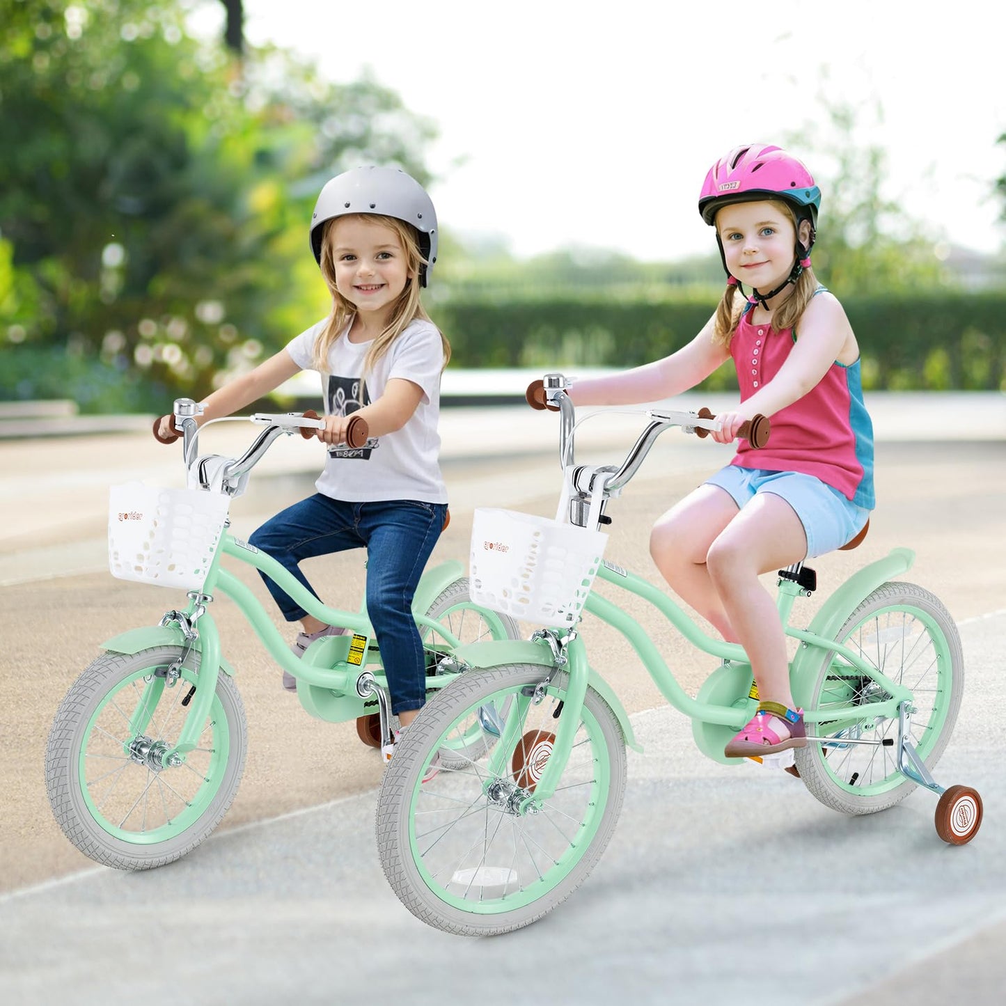 BABY JOY Kids Bike, 18 Inch Boys Girls Bike for 4-8 Years Old w/Training Wheels, Adjustable Seat, Removable Basket, Handbrake & Coaster Brake, Kids Bicycle (Mint Green)