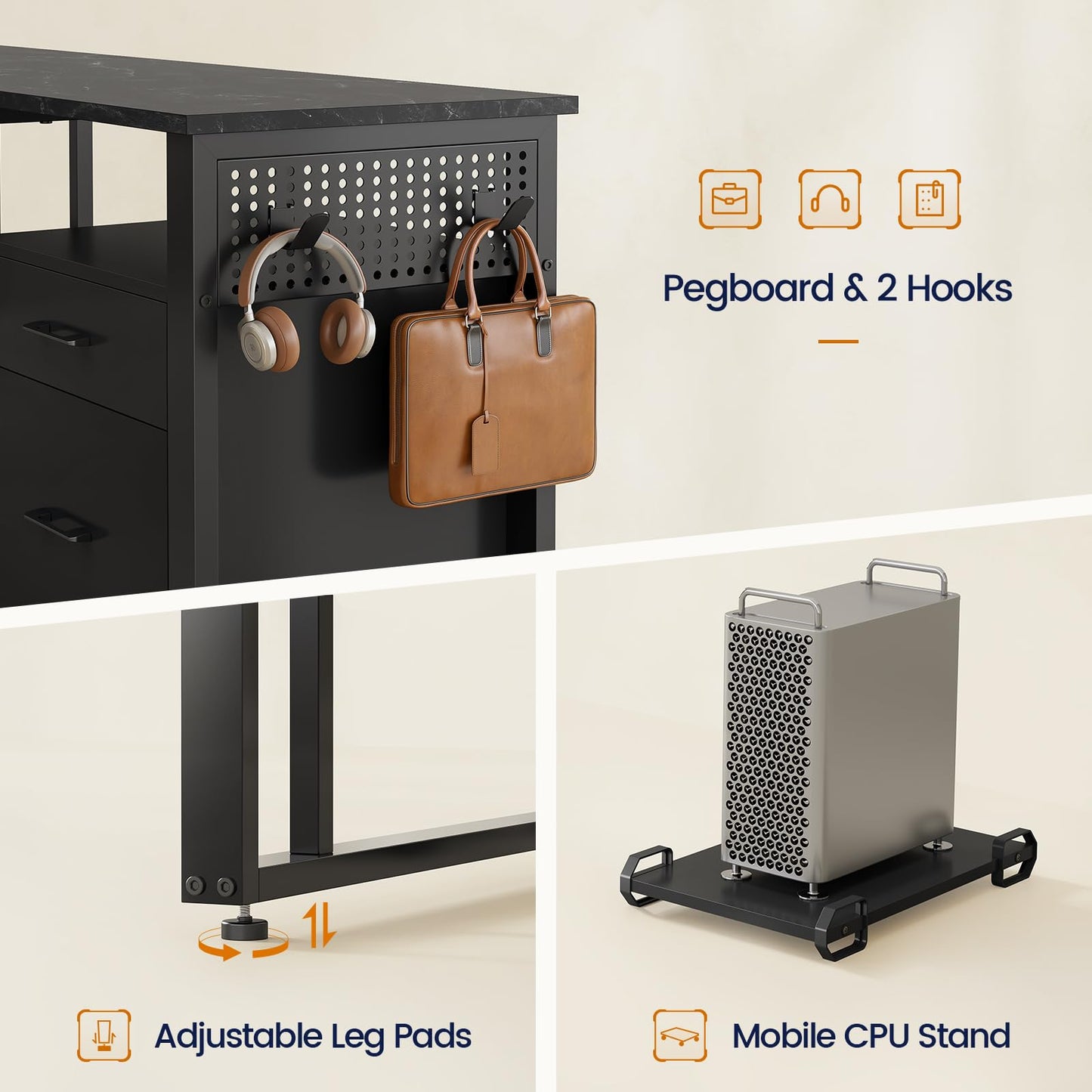 71 in Executive Desk with Power Outlets, Reversible L Shaped Desk with File Drawers & Storage Shelves, Large Office Desk Computer Desk with Pegboard, Mobile CPU Stand, Modern Corner Desk (Black)