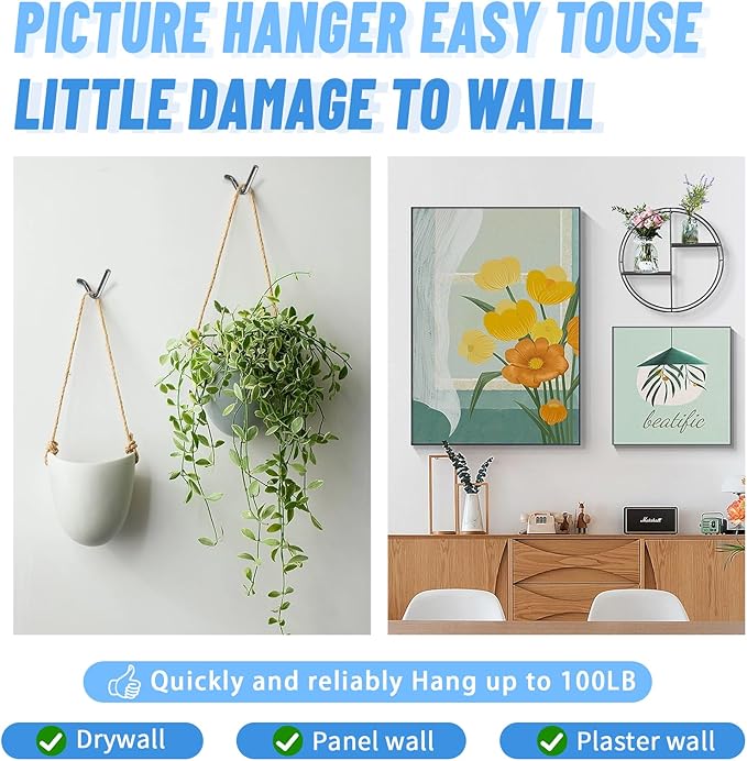 FURHUA 30pcs Black Super Hook Picture Hangers and Office Pack, Drywall Hooks for Hanging Pictures, Wall Hooks, Picture Hangers, Picture Hanging Kit，Hang Art, Clock, Shelves, Mirrors