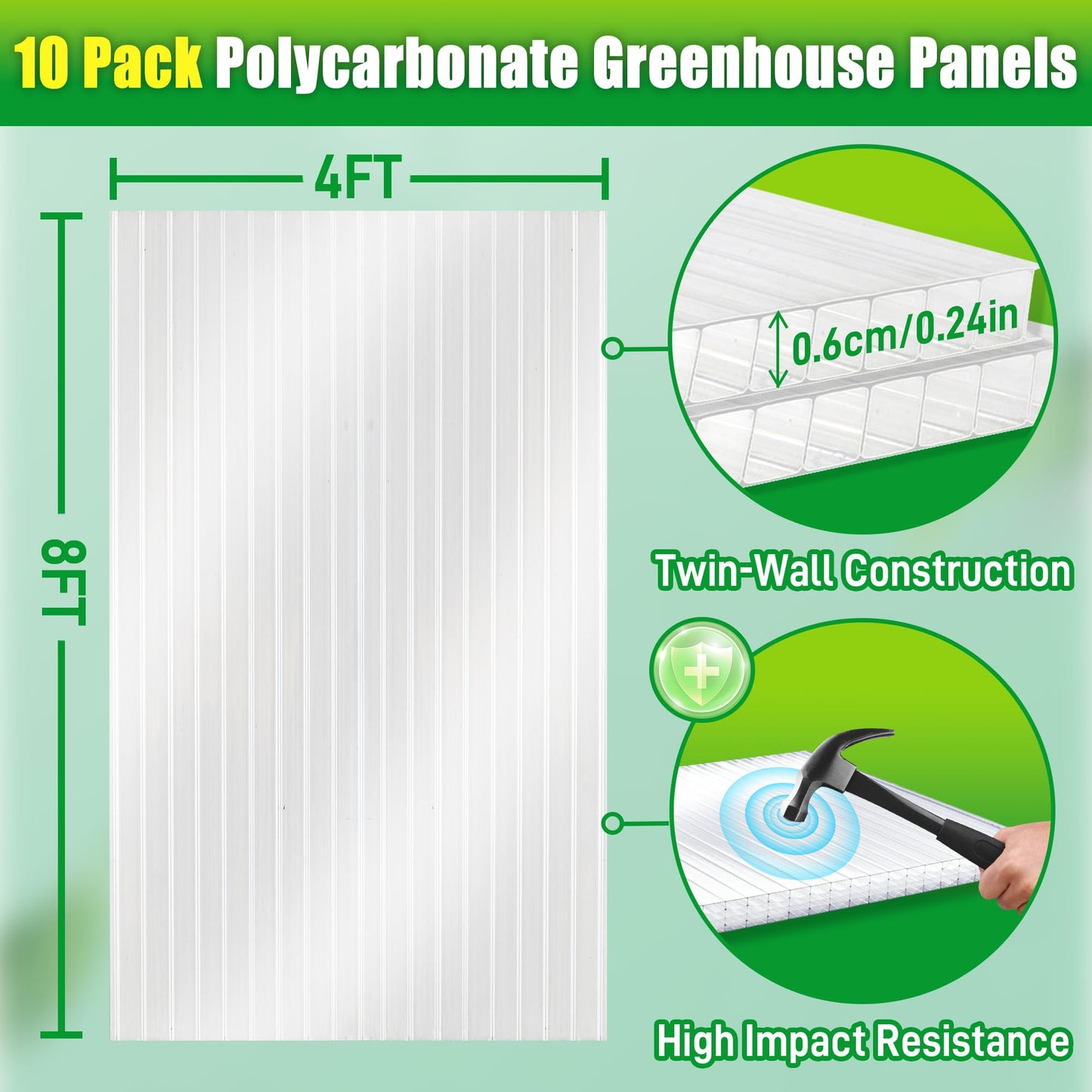 Sinimaka 10 Pack Polycarbonate Greenhouse Panels, 8' x 4' x 0.24'' Twin-Wall Polycarbonate Sheets, All Weather Clear Roof Panels Greenhouse Replacement Panels