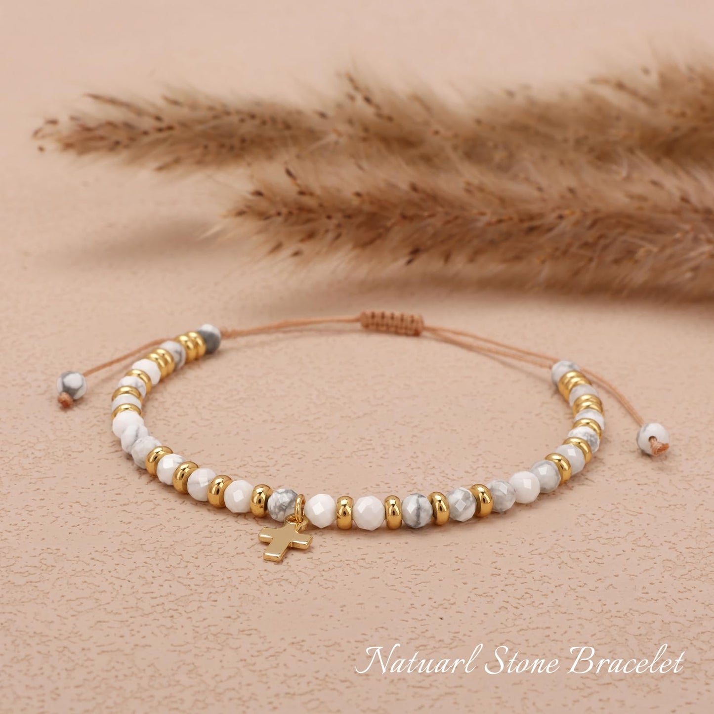 Raicegs Braided Howlite Cross Crystal Bracelet Natural Stone Beaded Bracelet for Women Faith Jewelry Healing Bracelet Christian Gifts for Women Religious Gifts