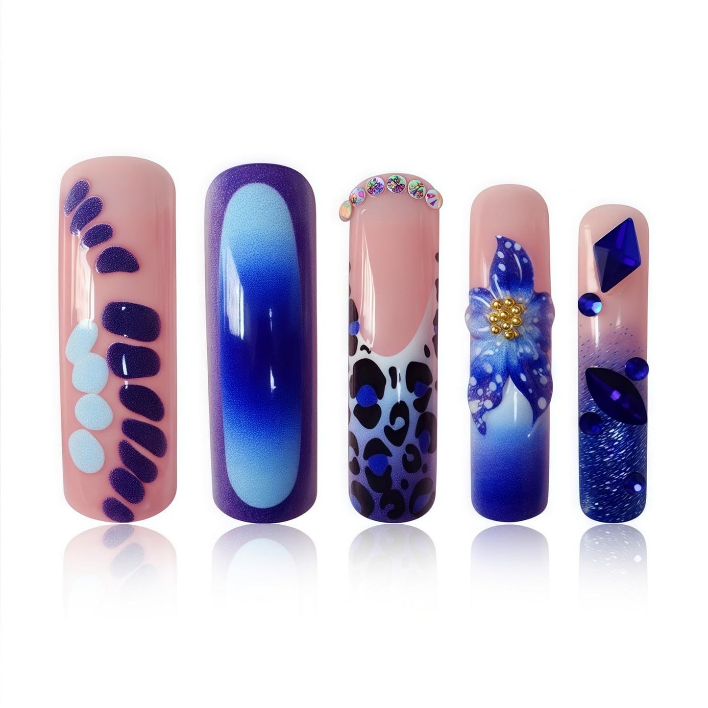 Curved Press on Nail Extra Long Square Fake Nails Blue Full Cover Rhinestones Leopard Print Flower designs French Tip Press ones Glossy Reusable Curve Glue on Nails for Women Girls Manicure24pcs
