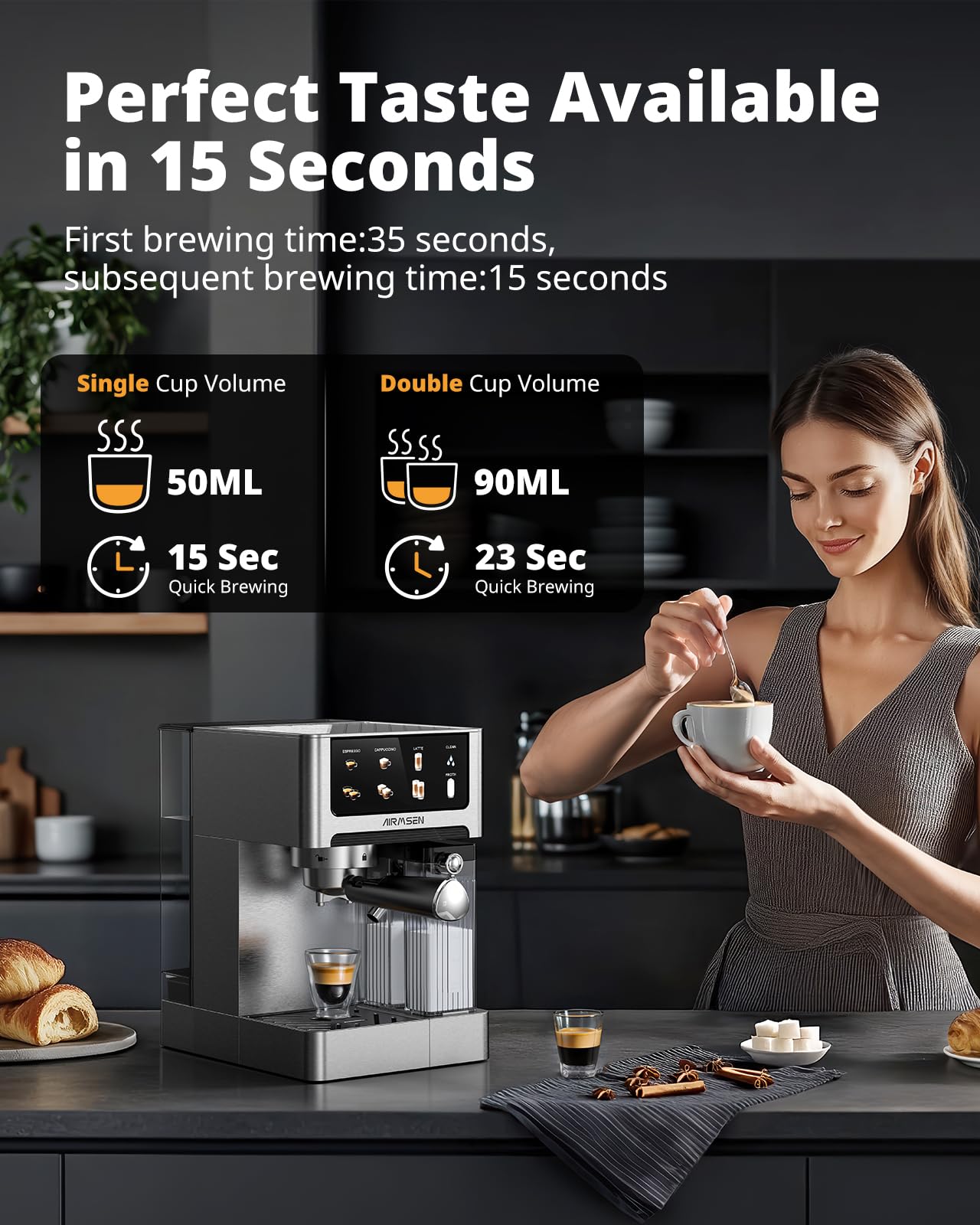 AIRMSEN 20 Bar Espresso Machine with Automatic Milk Frother, Cappuccino & Latte Coffee Maker with Quick Brew Dual Boiler (1350W + 1000W), Stainless Steel, 60oz Water Tank, Touchscreen