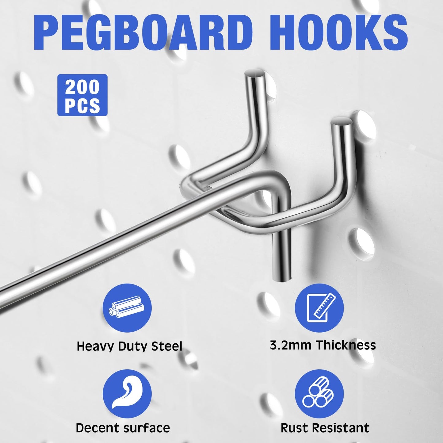 Tatuo 200 Pcs Pegboard Hooks Galvanized Metal Pegs with Rubber Tip Fit 1/4" 1/8"" for Garage Store Wall Tool Organization Display(4 Inch)"