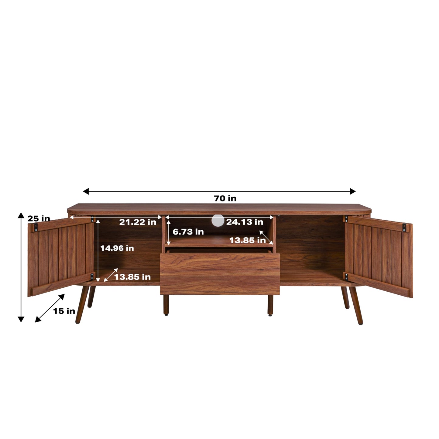 JONATHAN Y TVS1001B Damien 70 in. Farmhouse Curved TV Stand with Drawer and Storage Doors Fits TVs up to 75 in. with Cable Management, Walnut for Living Room, Bedroom, Dining Room