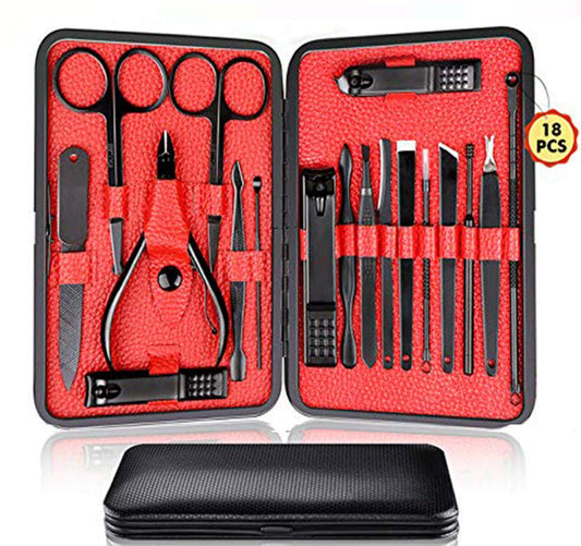Manicure Pedicure Kit Nail Clippers Set 18 in 1 High Precision Stainless Steel Cutter File Sharp Scissors for Men & Women Fingernails & Toenails Vibrissac Scissors with Stylish Case (Red_18in1)