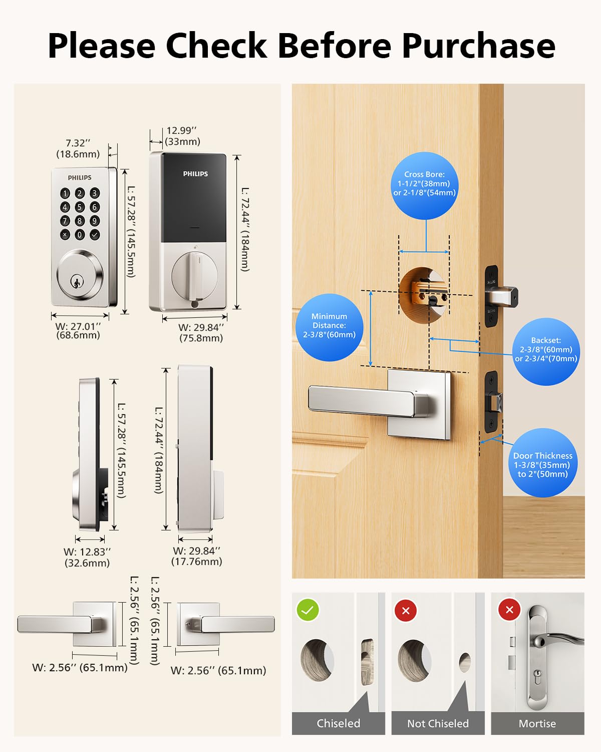 Philips WiFi Smart Door Lock with Handle, Built-in WiFi App Remote Control, Keyless Entry Door Locks for Front Door, Smart Deadbolt Auto Lock, Support Alexa & Google, IP54 Waterproof, Satin Nickel