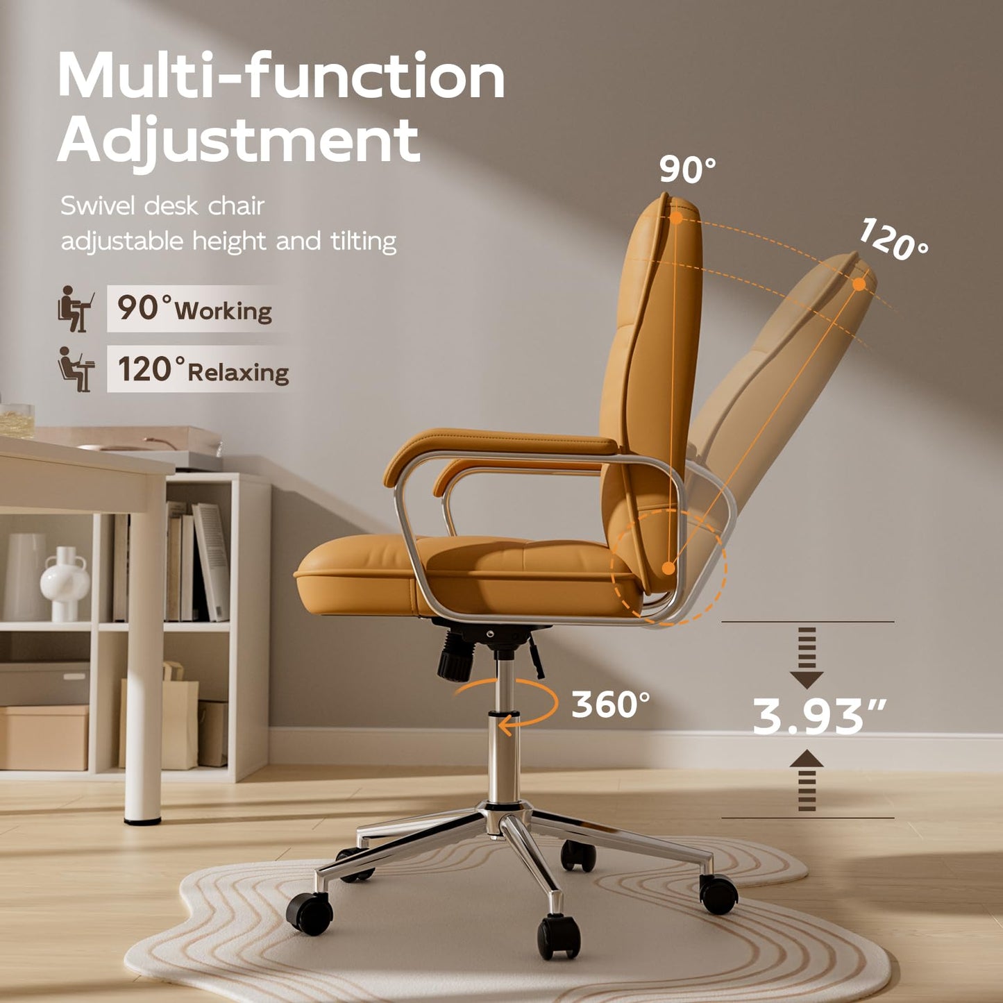 HomeZeer Brown Leather Office Desk Chair, Swivel Computer Home Office Desk Chair with Wheels and Padded Arms, Adjustable Height and Tilt