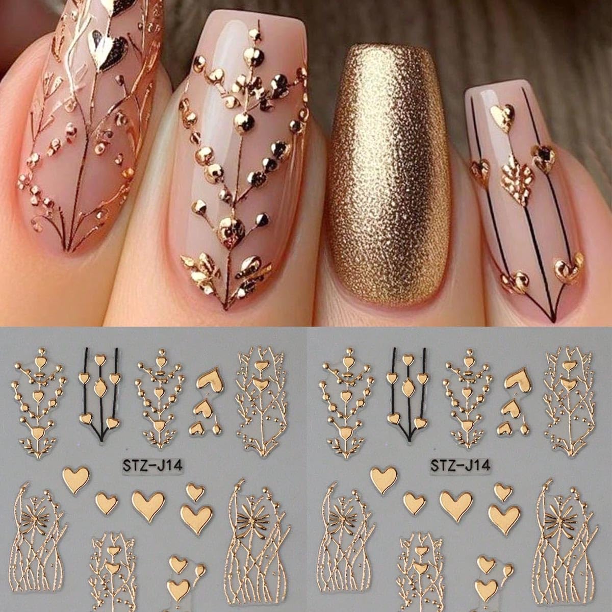 Golden Heart Nail Art Stickers Valentine’s Day Heart Nail Stickers for Nail Art 3PCS 3D Metallic Love Hearts Tree Stripe Design Self-Adhesive Nail Decals for Women DIY Manicure Nail Decorations Supply