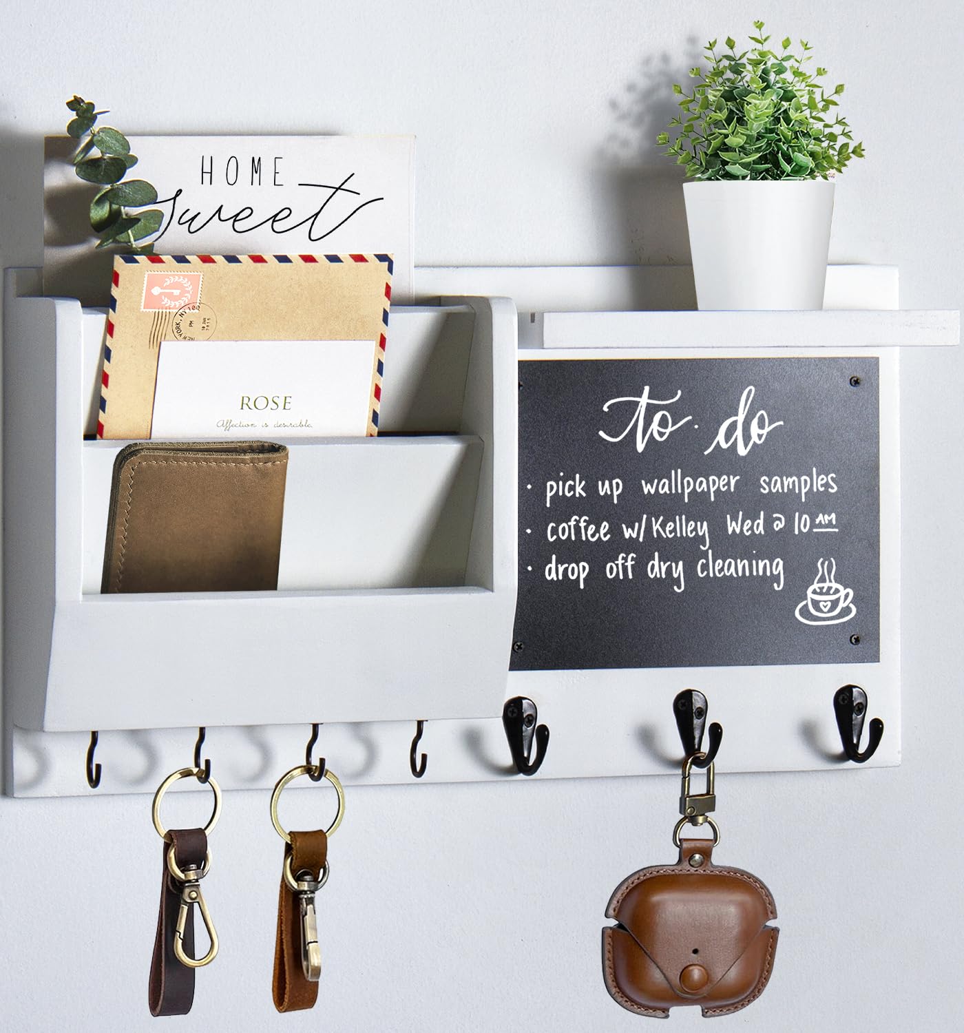 Key Holder for Wall - Mail Holder Organizer Wall Mount with Shelf - Hanging Key Rack Hanger with Hooks Decorative for Home Coat Letter Dog Leash Entryway Living Room Decor
