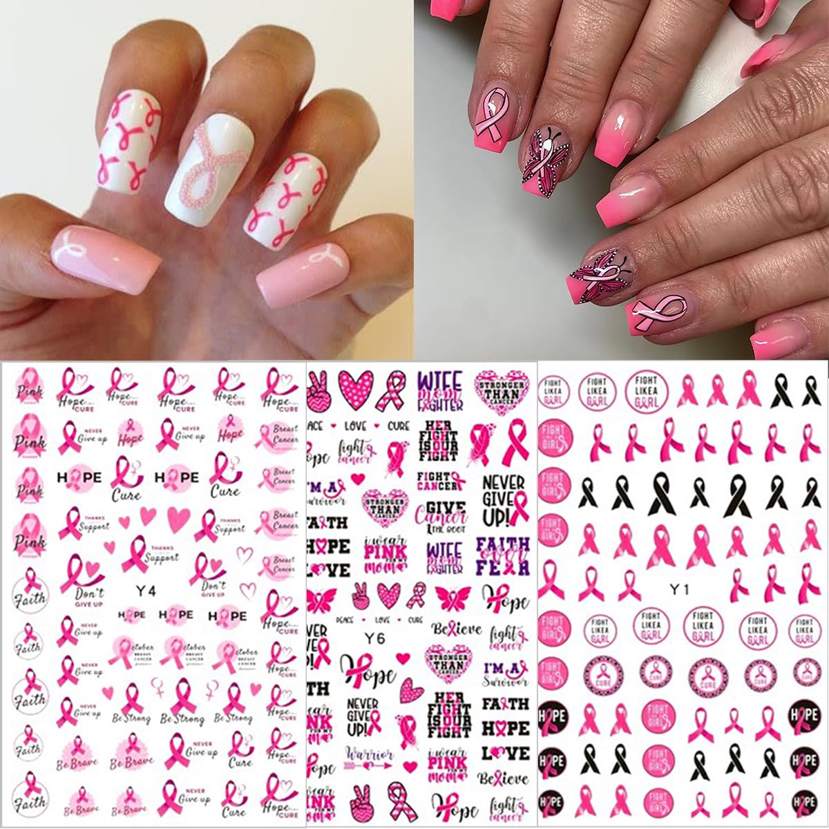6Sheets Breast Cancer Awareness Nail Stickers - Self-Adhesive Pink Ribbon Decals for Women - DIY Nail Art Design Supplies with 'Love Heart' & 'Letter' Themes