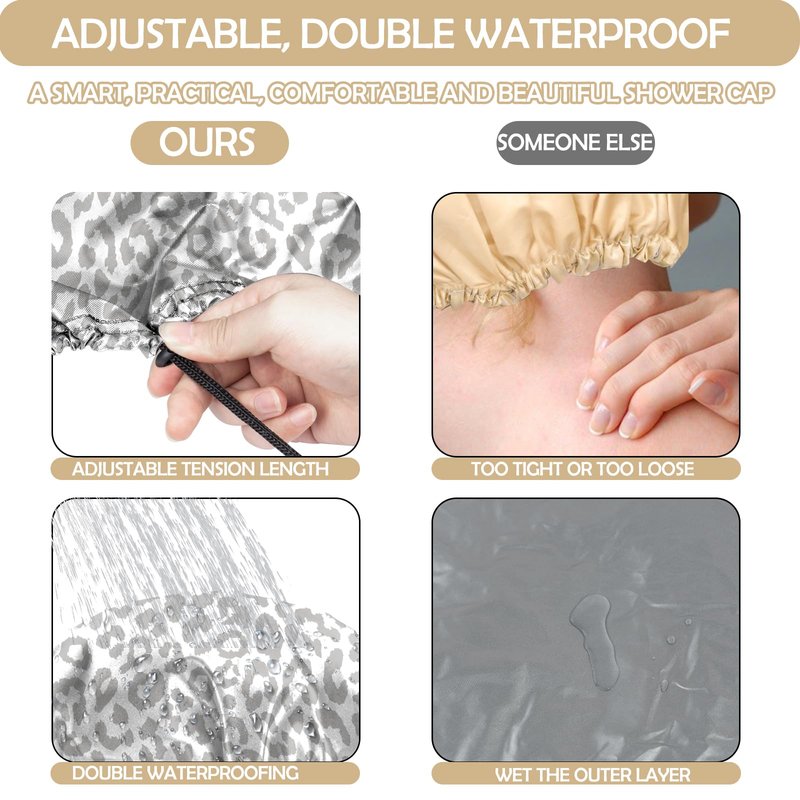 BHAHB 2 PCS Shower Cap Reusable Waterproof Double Layer Elastic Adjustable Hair Bath Caps Cute Aesthetic for Women Girls-Black White Leopard