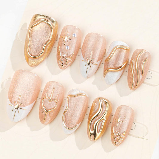 30pcs White French Tip Press on Nails 3D Gold Irregular Line Star Heart Design, Glossy Full Cover Acrylic False Nails with 3D Pearl Charm Reusable Stick Glue on Fake Nails for Women