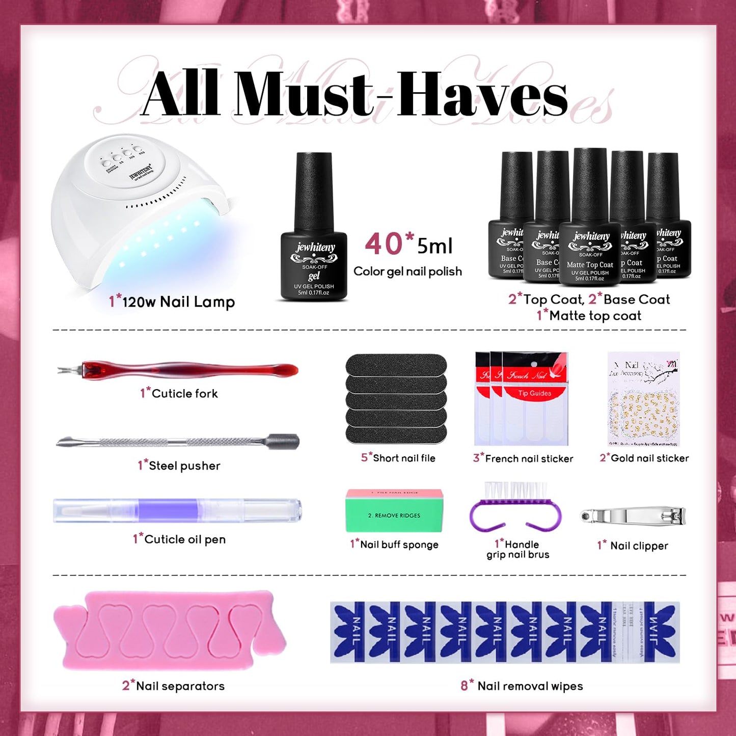 JEWHITENY 45PCS Gel Nail Polish Kit with U V Light LED Nail Lamp 40 Colors Set Manicure Nail Gel Kit