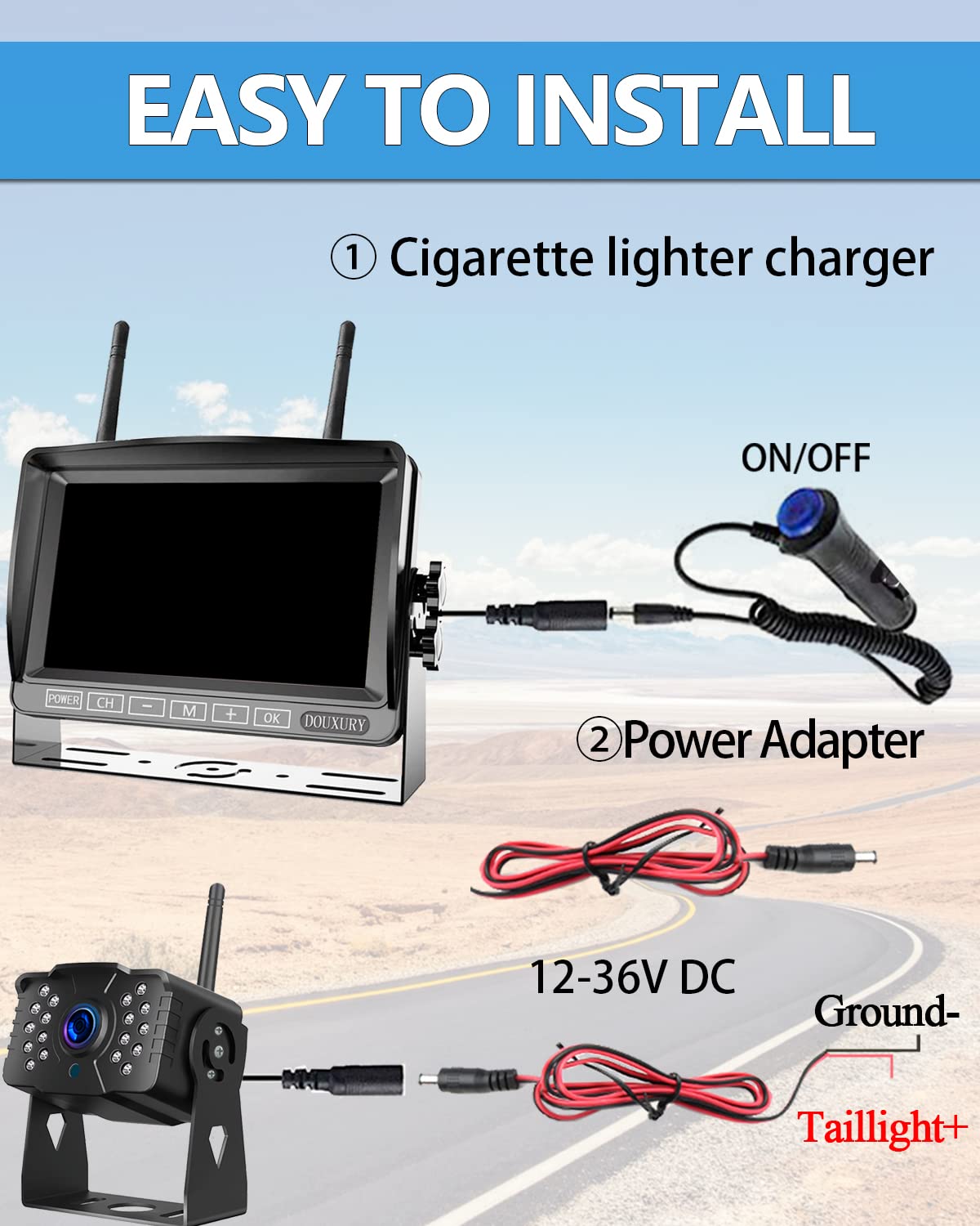 RV Backup Camera Wireless DOUXURY IP69 Waterproof 170° Wide View Angle HD 1080P Rear View Camera + HD LCD 7" Monitor, Digital Wireless Camera System for RV Truck 5th Wheel Trailer Pickup Camper Bus