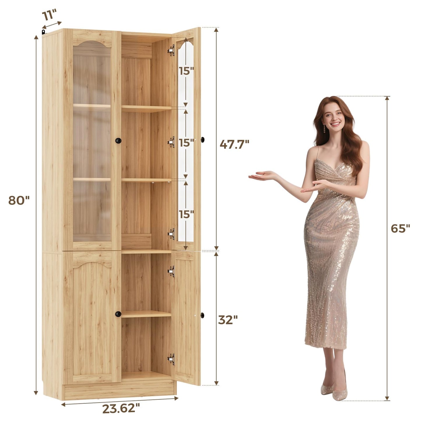 Cyclysio 80" Tall Pantry Cabinet with 4 Doors, Natural Oak Kitchen Pantry Storage Cabinet with Built-in Baseboard Notch & Adjustable Shelves – Kitchen Storage Cabinet for Dining, Living, Office