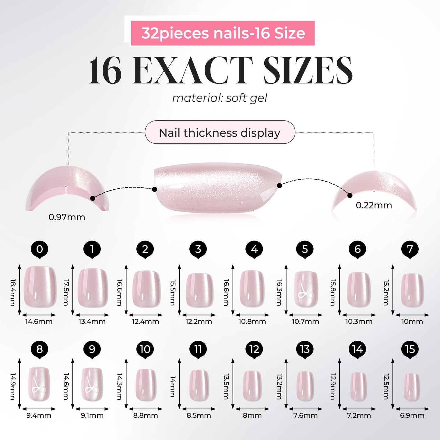 UNA GELLA Short Square Press on Nails - 32 Pcs in 16 Sizes Soft Gel Fake Nails for Perfect Fit, Light Pink Velvet Cat Eye Glue on Nails, Reusable Press ons for Women DIY Manicure