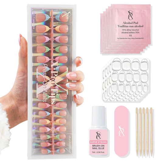 SXC Cosmetics Press On Nails - 011 Pastel Party | X5 Signature Series - Short Almond X-Pro Tips Fake Nails, Salon Quality Nails 16 Sizes - 160 pieces Nail Kit with Glue