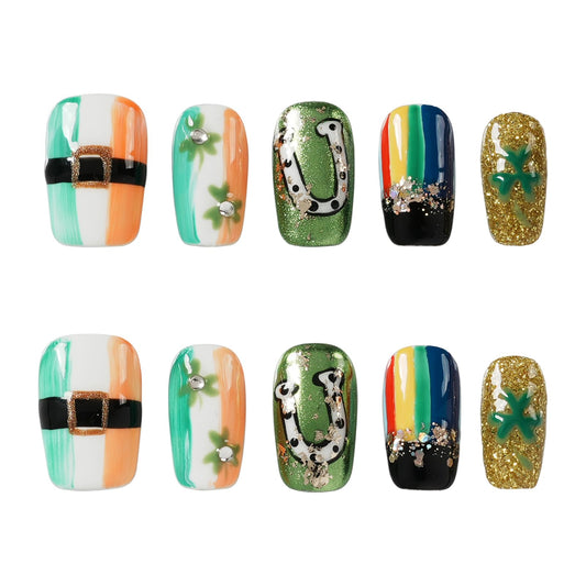 Tesytto Medium Square Press on Nails - Irish Flag Green White Orange Nails with Lucky Shamrock & Belt Design, Rainbow & 3D Gold Glitter Spring Summer Fake Nails (Size S)