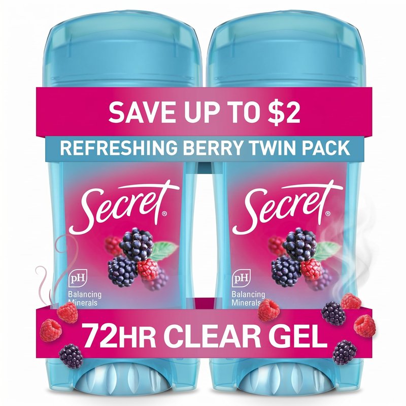 Secret Fresh Antiperspirant Deodorant for Women, 72hr Breathable Sweat & Odor Protection, Instant Freshness & Gentle, PH Balancing Minerals, Clear Gel, Refreshing Berry Scent, 2.6 oz (Pack of 2)