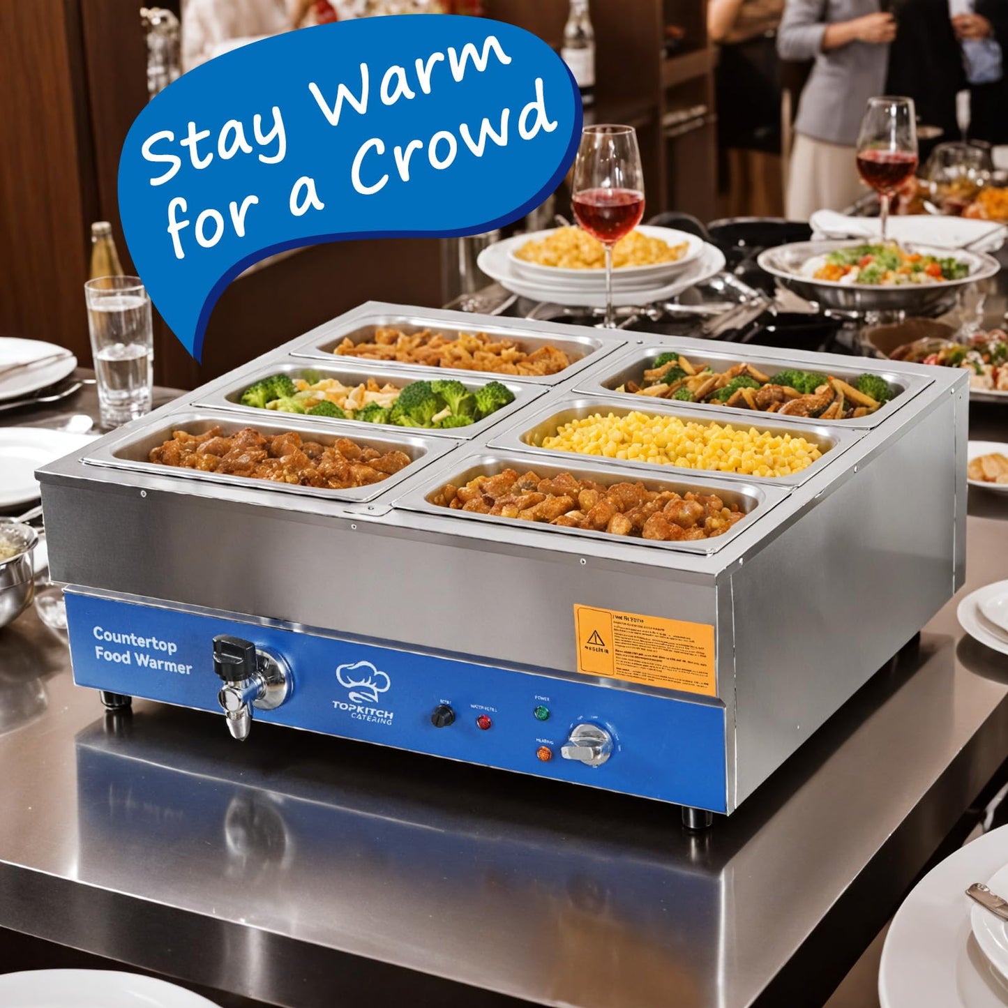 TOPKITCH 6 Pan Commercial Food Warmer, Electric Bain Marie Countertop Stainless Steel Buffet Steam Table for Catering and Restaurants(6×1/3 GN Pan,120V/1700W)