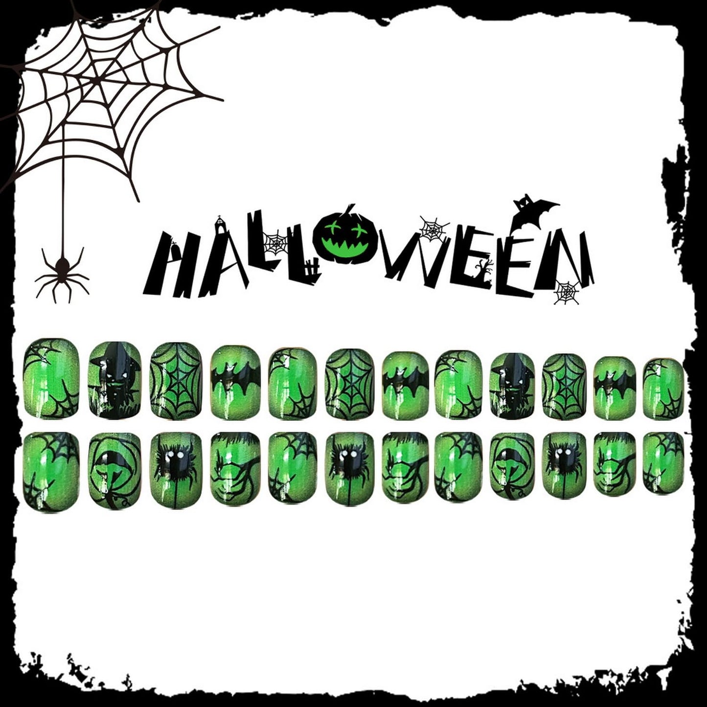 24pcs Halloween Short Press on Nails Horror Fake Nails Ghost Pumpkins Spider Web designs Square Stick on Nails Glossy Full Cover Green Black False Nails for Women Finger Spooky Nail Supplies