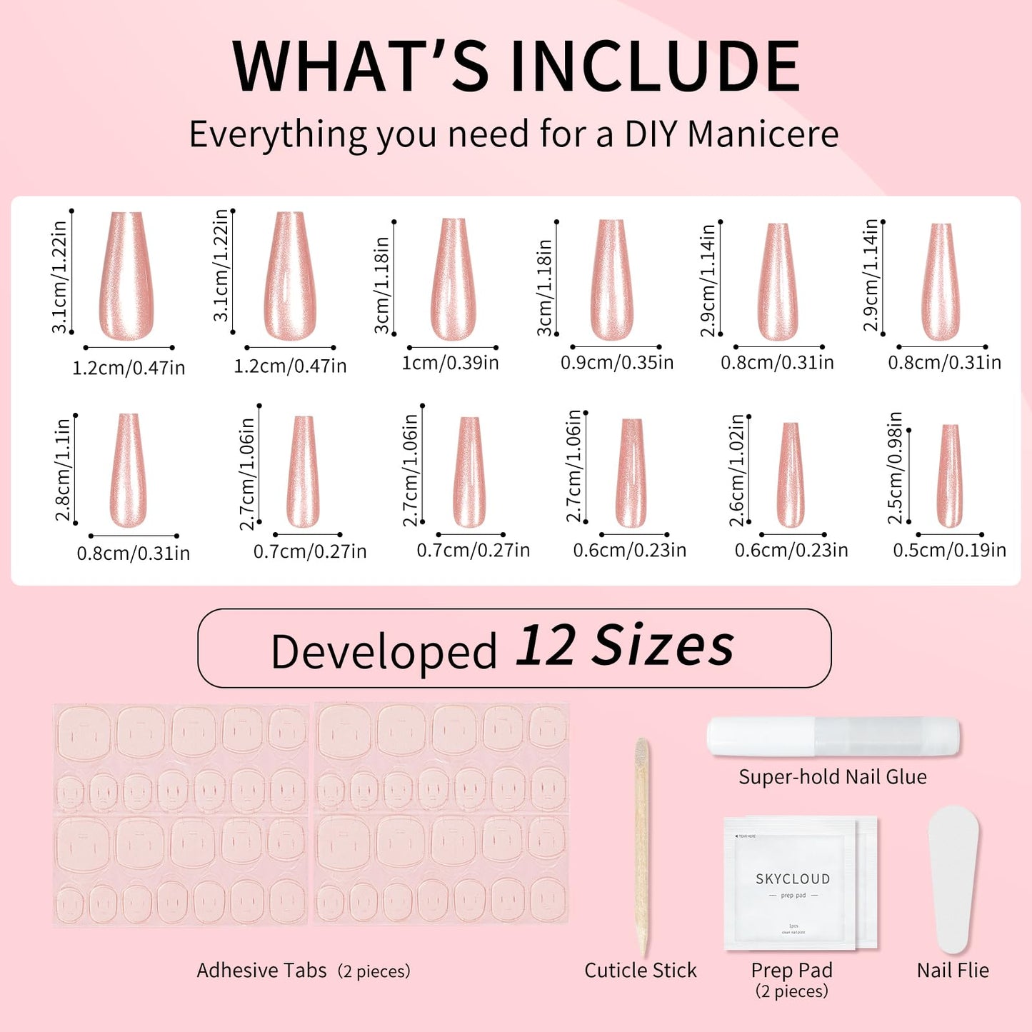 Pink Cat Eyes Press On Nails,12 Sizes - 24 Pcs Soft Gel Pink Long Coffin Fake Nails Kit with Nail Glue, Natural Reusable Stick On False Nails for Women and Girls SK1049