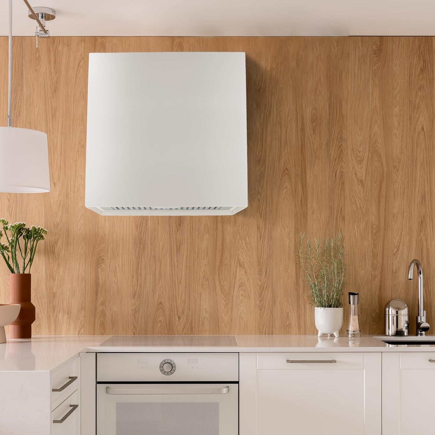 Akicon Stainless Steel Range Hood, Modern Box Kitchen Hood with Powerful Vent Motor, Wall Mount, 30”W*30”H*14D, Signal White (AK-HS30H-SW)
