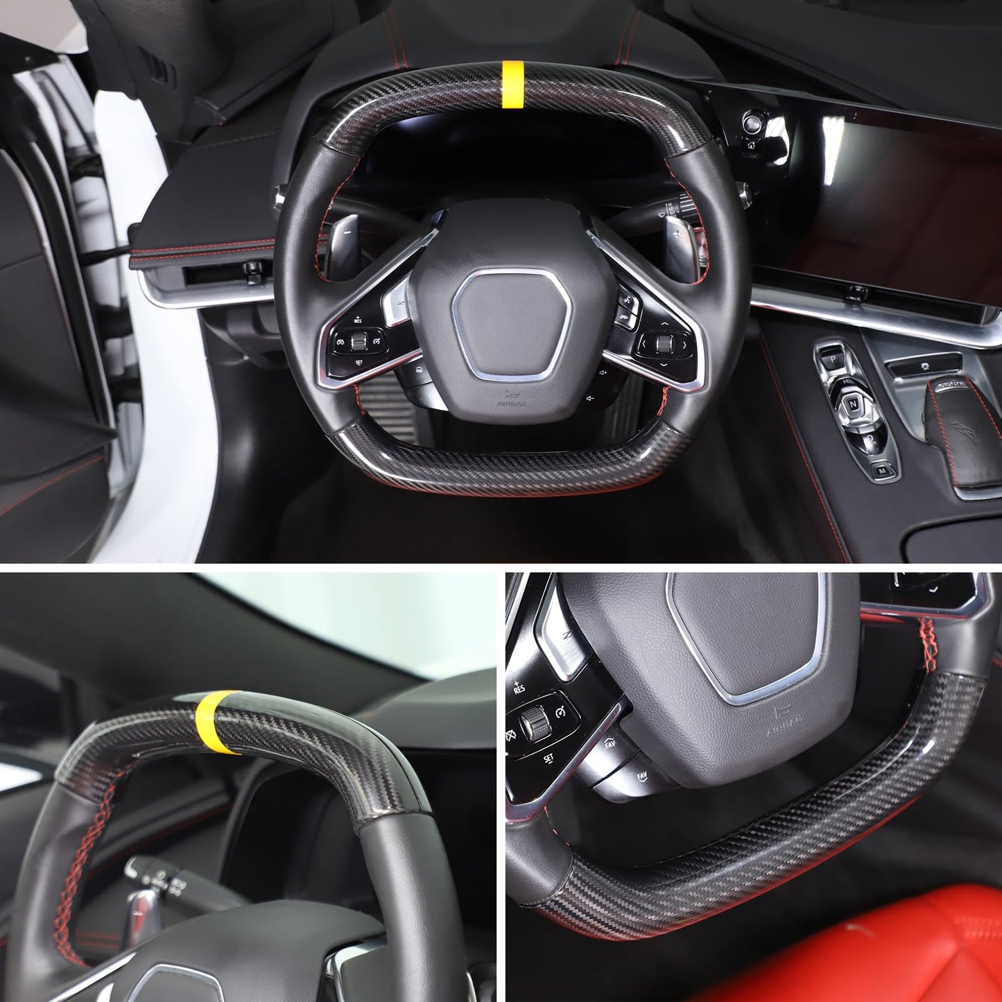 Steering Wheel Cover Trim Compatible with Chevrolet Corvette C8 2020-2026 100% Real Carbon Fiber 4PCS,Steering Wheel Circle Round Cover,Interior Protection Accessories (Black Carbon-Yellow)