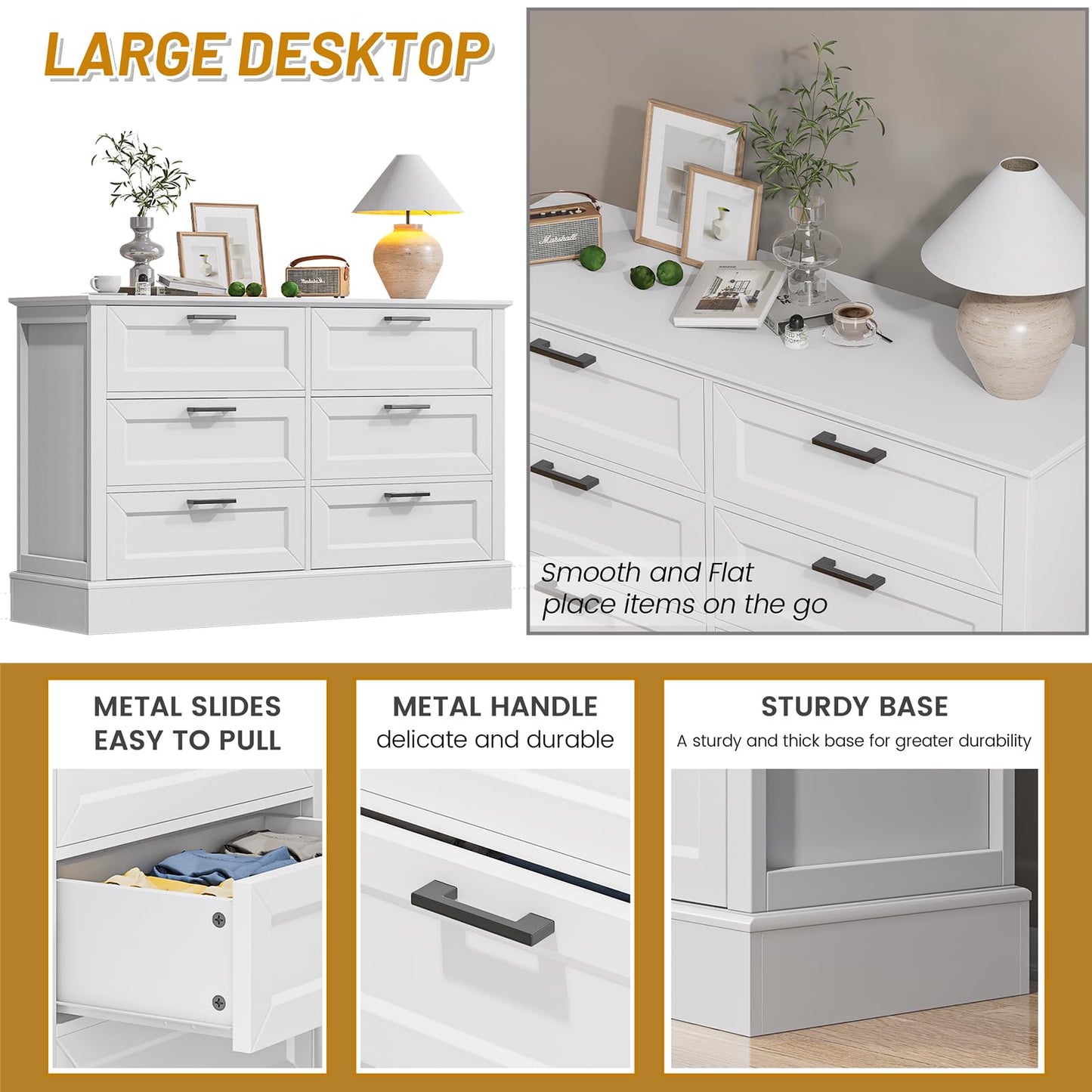 ZLWJGY White Dresser for Bedroom with 6 Drawer, Bedroom Furniture Organizer Storage, Wood Double Dresser & Chest of Drawers, Modern Farmhouse Style, Dressers for Closet, Living Room 30” Tall