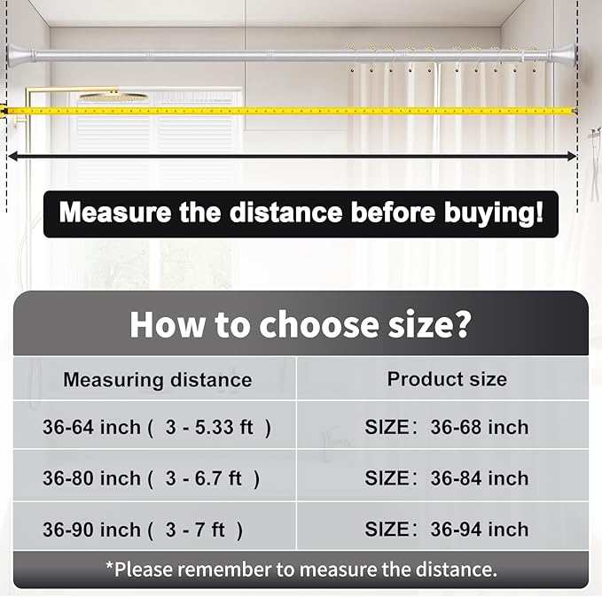 YNL Silver Shower Curtain Rod 36-94 Inch(3-7.8ft), No Slip No Drill No Rust Shower Rod For Bathroom Window Patio, Adjustable Spring Long Tension Rod