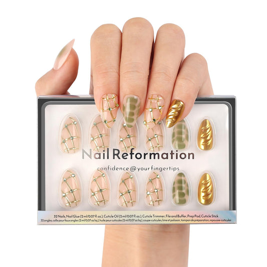 Nail Reformation Press On Nails, Treasure Lines | Short Almond Fake Nails in Jade Green with Jewel Gold Accents in Glossy Finish, Reusable Stick On Nails in 16 Sizes - 32 Nail Kit for Women Gifts