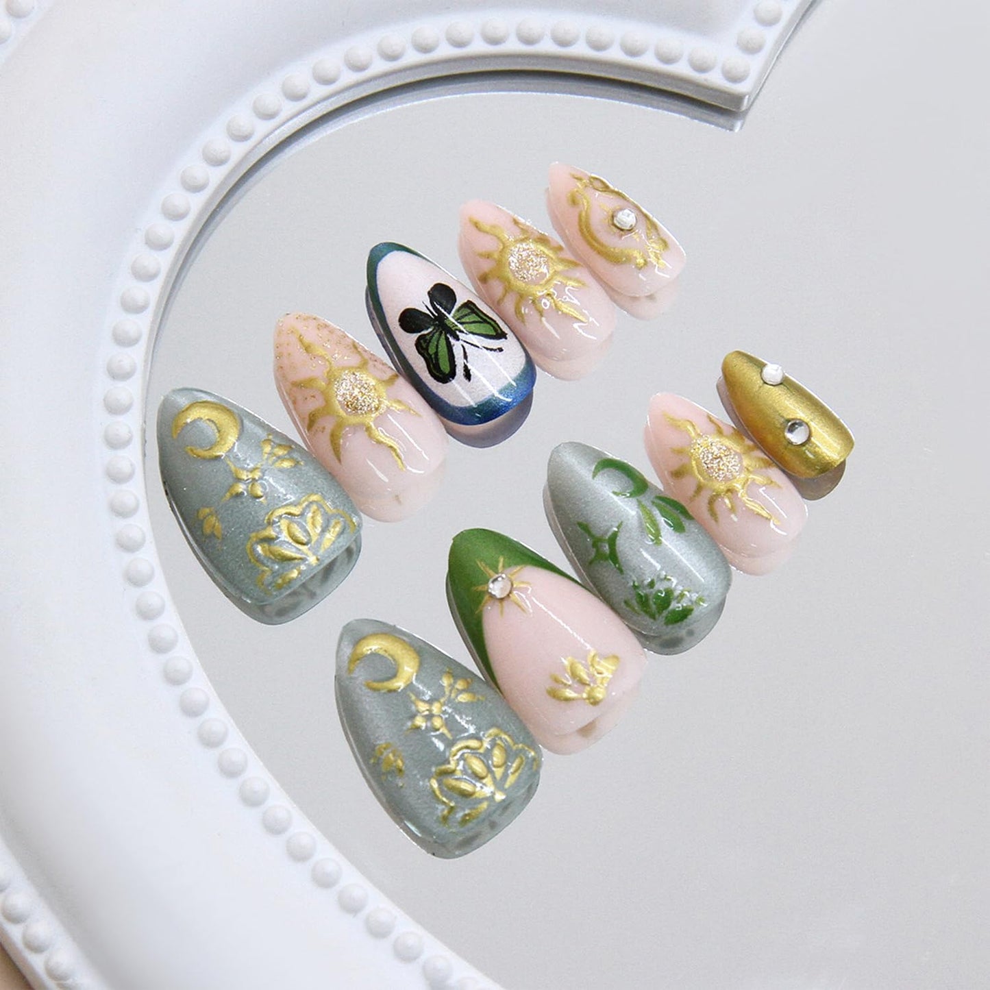 30 Pcs Butterfly Press on Nails 3D Gold Star Moon Fake Nails with Rhinestones Design Short Oval Acrylic Glue on Nail Mirror French Tip False Nail for Women