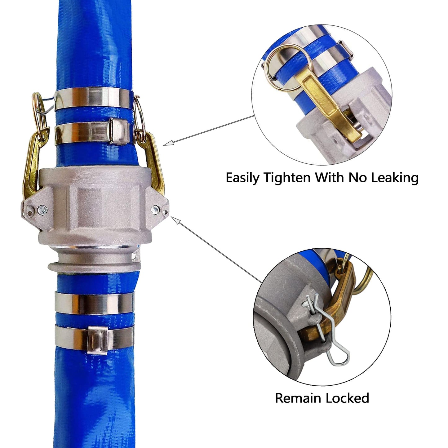 DAVCO 2" ID × 100 ft Pool Backwash Hose, Heavy Duty Reinforced Blue PVC Lay Flat Water Discharge Pump Hoses For Swimming Drain Pools and Clean Filters, with Aluminum Camlock C and E Fittings