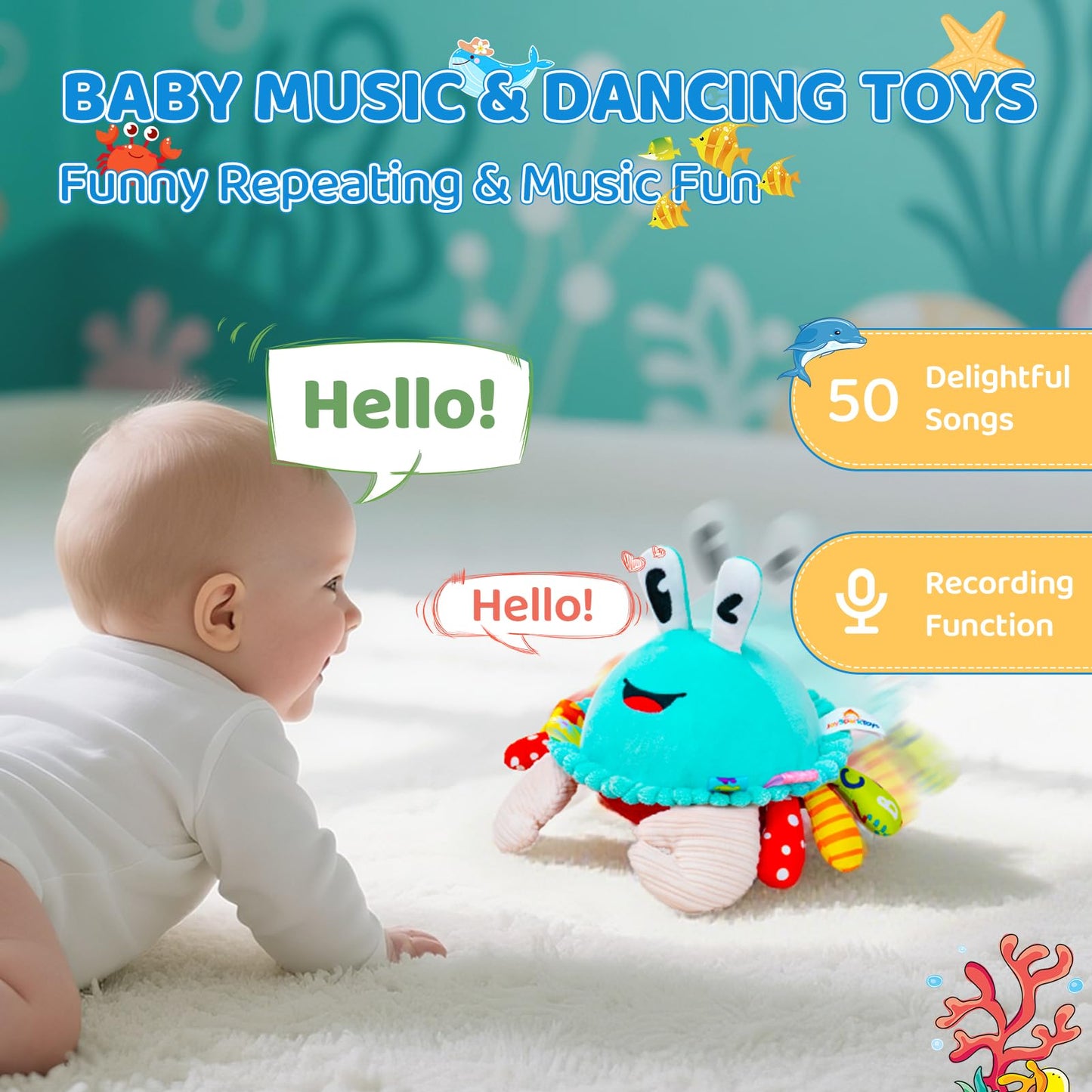 Baby Toys 12-18 Months, Musical Crawling Crab Baby Plush Toy, 50 Songs & Recording Feature, Dancing Bouncing Interactive Baby Toddler Toys 6-12 Months, Tummy Time Toys for 1 Year Old Boys Girls Gifts