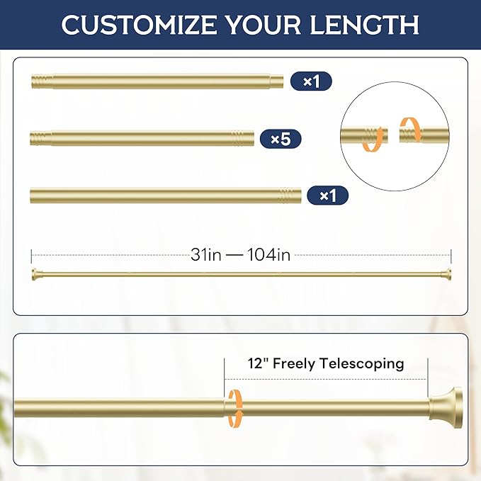 STARLATTA Adjustable Shower Curtain Rod 31-104 Inch, Never Rust Stainless Steel Gold Tension Rod, 1" Heavy Duty No-Drill for Bathroom, Kitchen & Closet