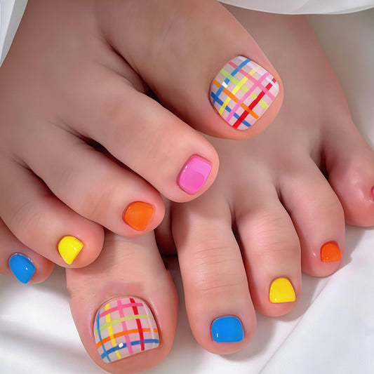 Summer Colorful Stripes Press on Toes Nails Short Square Fake Toe Nails with Colorful Solid-Color Designs Full Cover Multicolor Plaid Glossy Acrylic Toe Toenails for Women Girls Summer 24Pcs