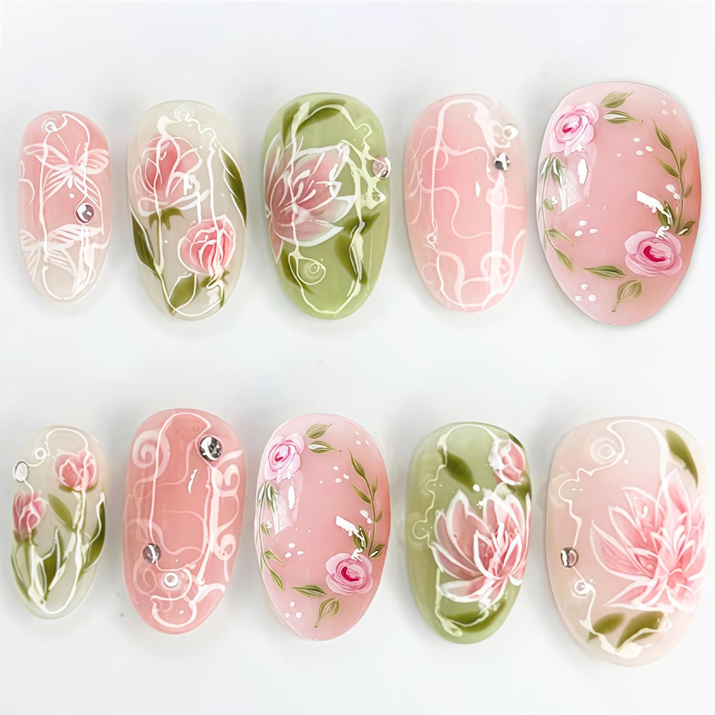 24Pcs Pink Flower Press on Nails Short Ellipse Spring Fake Nails with White Lines Butterfly Design Cute Acrylic Nails Green Leaf False Nails Rose Floral Glue on Nails for Women Spring Summer Manicure