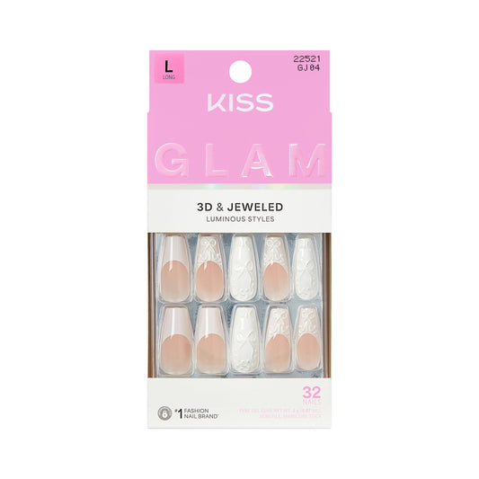 Kiss Glam, Press On Nails, Nail glue included, 'Breath of Harmony', White, Long Size, Coffin Shape, Includes 32 Nails, 2g Glue, 1 Manicure Stick, 1 Mini File