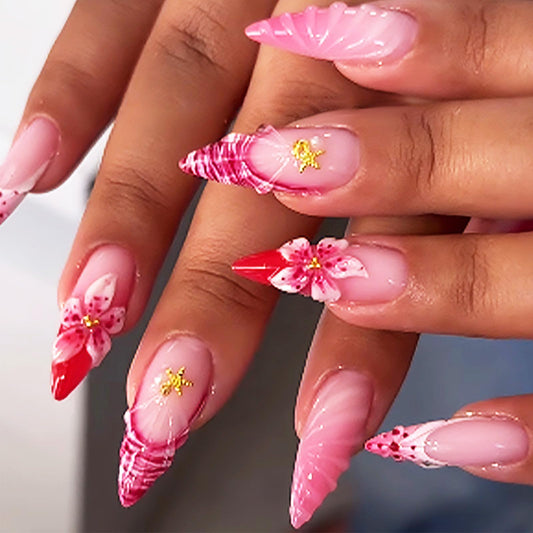 3D Shell Press on Nails Glossy Red French Tips Medium Almond Fake Nail Flower False Nails with Pink Ombre Design Polka Dots Stick on Nail Ocean Glue on Artificial Fingernails for Women Daily Wear