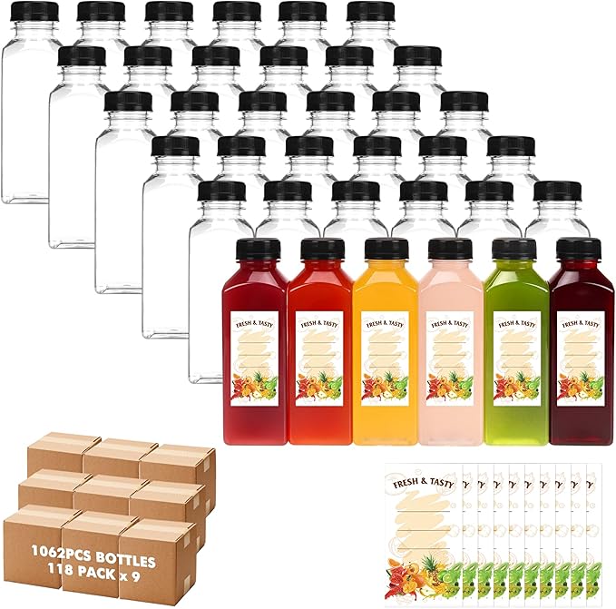 BAKHUK BAKHUK1062pcs 12oz Empty Plastic Juice Bottles with Caps, Plastic Water Bottles with lids, Reusable Clear Bulk Beverage Containers for Juice, Milk and Other Beverages
